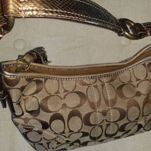 COACH Signature Purse Brown Canvas Fabric Leather Hobo curved Shoulder Bag